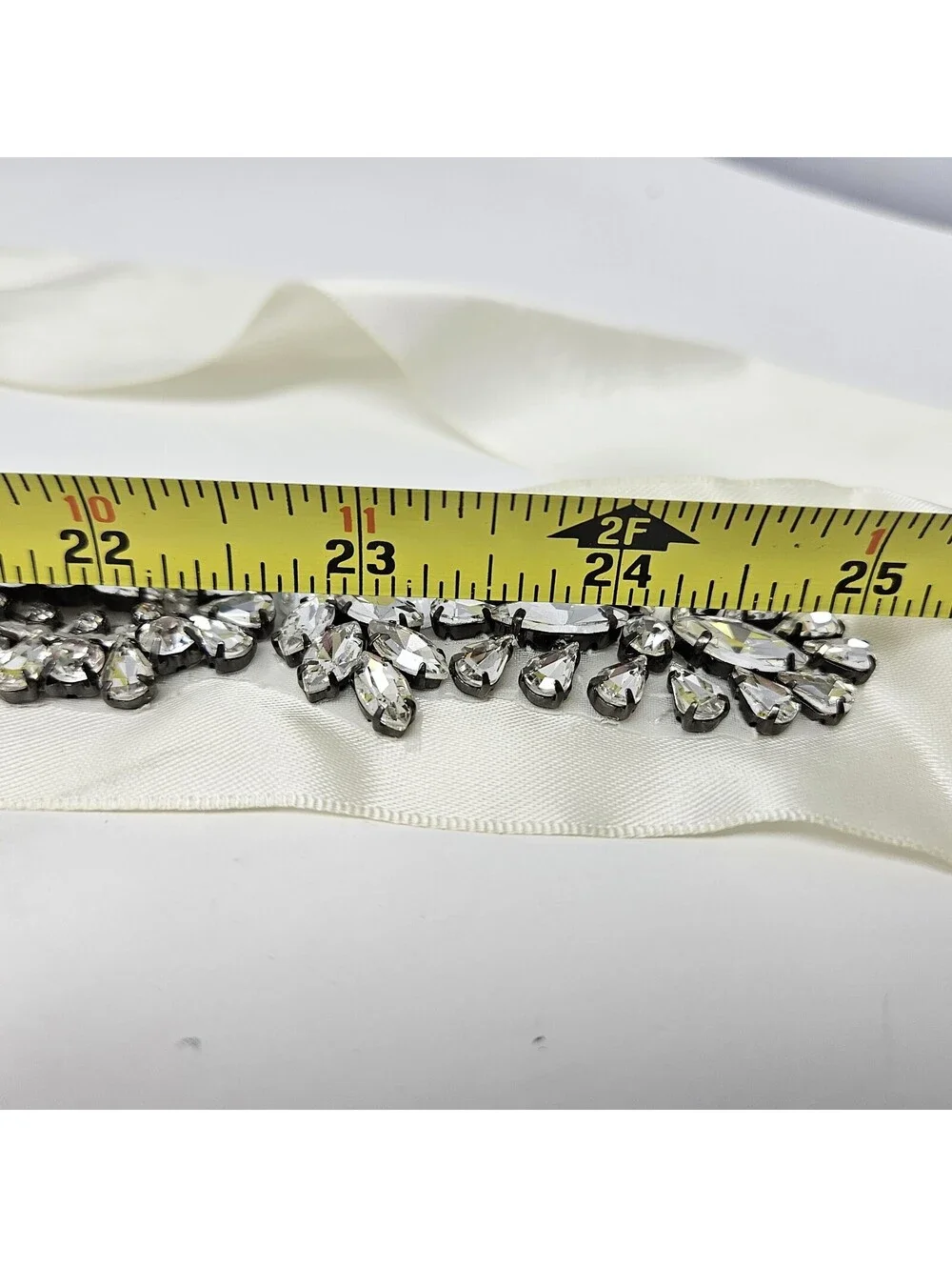 Woman’s Bridal Belt Silver Rhinestones Cream Satin Ribbon 102” L Vintage Wedding